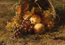 Виноград и яблоки в опрокинутой корзине (Grapes and apples in an overturned basket on a forest floor) :: Герардина Якоба Бакгейзен (1826–1895)