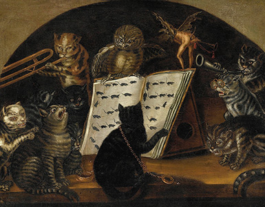 Коты, наставляемые совой в искусстве ловли мышей :: Неизвестный художник, ломбардская школа живописи, около 1700 года