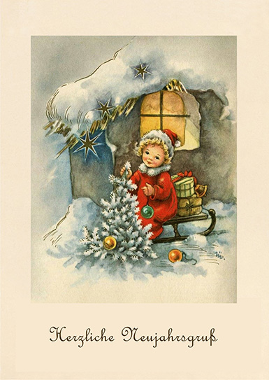 Поздравляем с Новым годом! (наряжаем ёлочку) :: рисунок Эльфриды Тёр (немецкая новогодняя открытка)