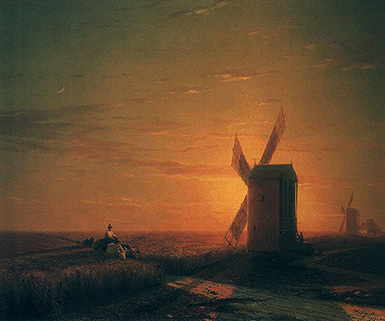 Ветряные мельницы в украинской степи при закате солнца :: Айвазовский Иван Константинович, 1862 год