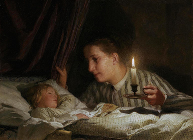 Молодая мать, созерцающая своего спящего ребёнка при свете свечи :: Альберт Анкер, 1875 год