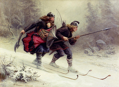Сквозь лёд и снег (лыжники биркебейнеры) :: Кнуд Ларсен Бергслиен, 1869 год
