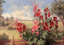 Цветочный натюрморт с пейзажем :: Camilla Göbl-Wahl (розовый, малиново-красный, бордовый… тёплое летнее утро)