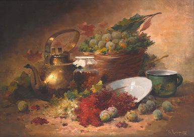 Натюрморт с чайником, сливами и смородиной :: Клевер Юлий Юльевич, 1906 год