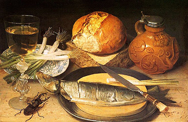 Натюрморт с хлебом, луком, селёдкой и жуком-оленем :: Георг Флегель, 1635 год