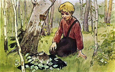 Заяц уткнулся в листья головой и затих :: «Заячьи лапы», Паустовский; художник Епишин