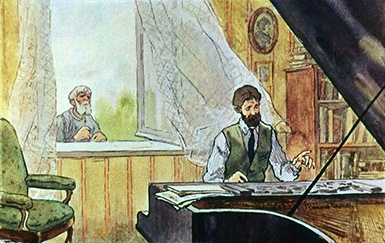 Карл Петрович играл на рояле нечто печальное :: «Заячьи лапы», Паустовский; художник Епишин