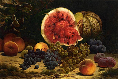 Натюрморт с арбузом, виноградом, персиками, сливами и мускусной дыней :: Уильям Масон Браун, 1879 год